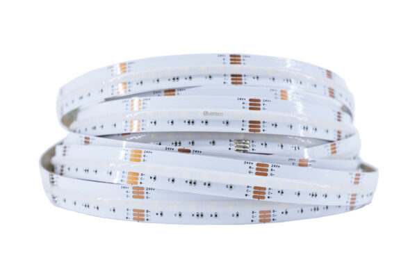RGB CCT COB LED-nauha. Himmennettävä COB LED-nauha, jossa asennusjohto rullan molemmissa päissä.