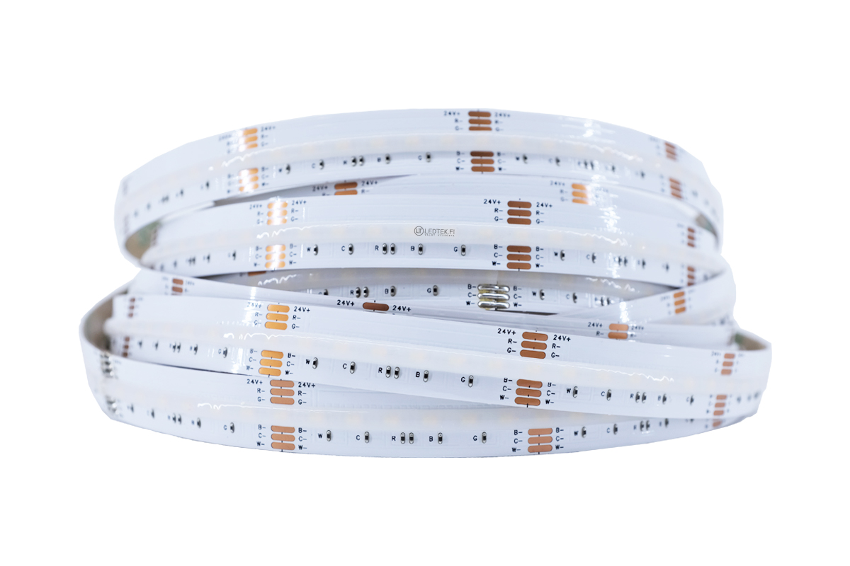 RGB CCT COB LED-nauha. Himmennettävä COB LED-nauha, jossa asennusjohto rullan molemmissa päissä.