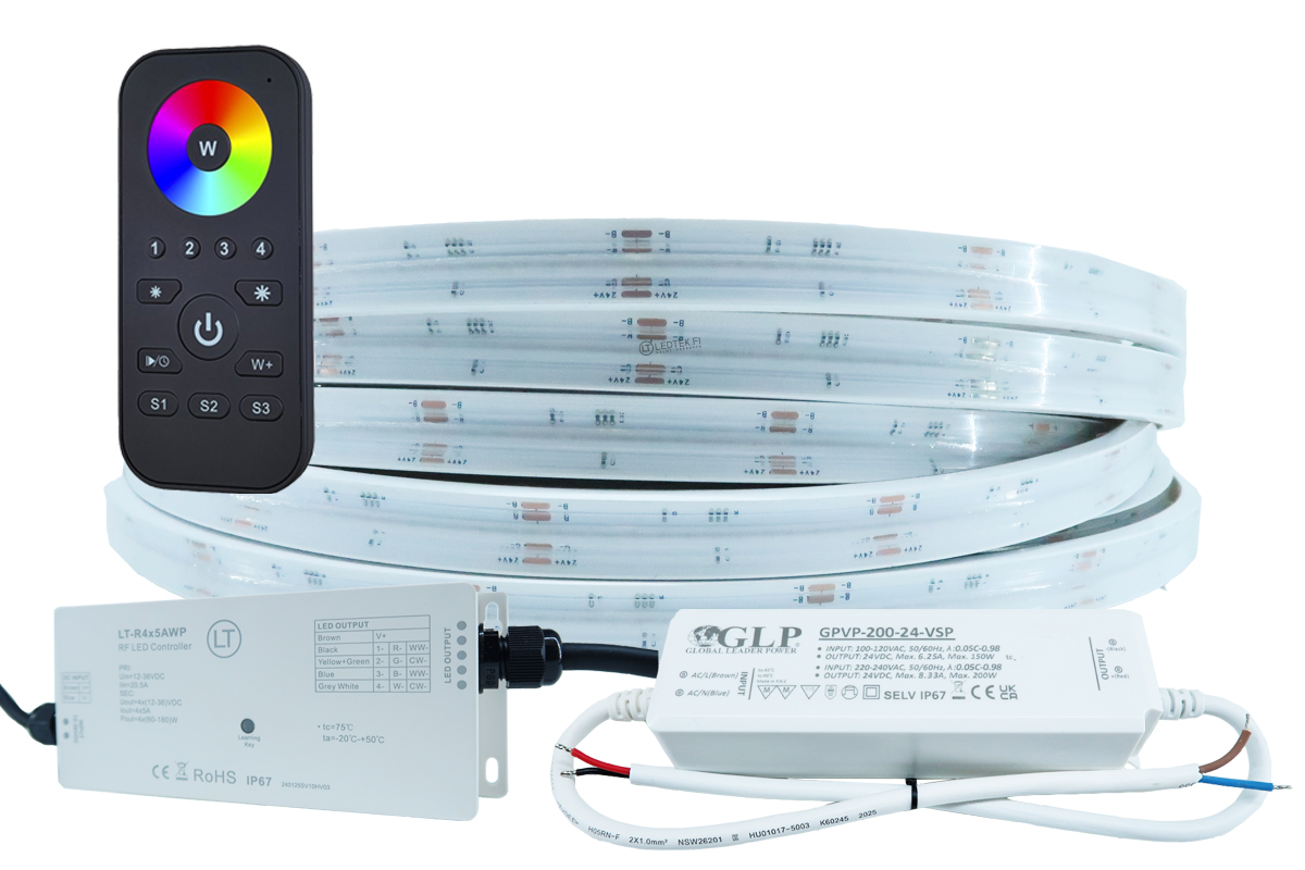 RGB COB LED-nauhapaketti 24V 10 m IP65 ja IP67 RF-ohjaus